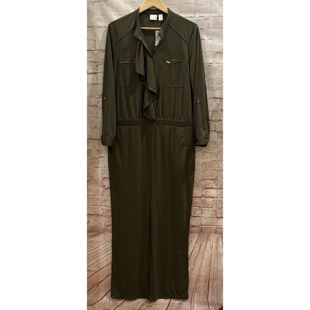 CHICO'S Womens Olive Green Utility Jumpsuit Ruffle Front Size 3/ XL NEW